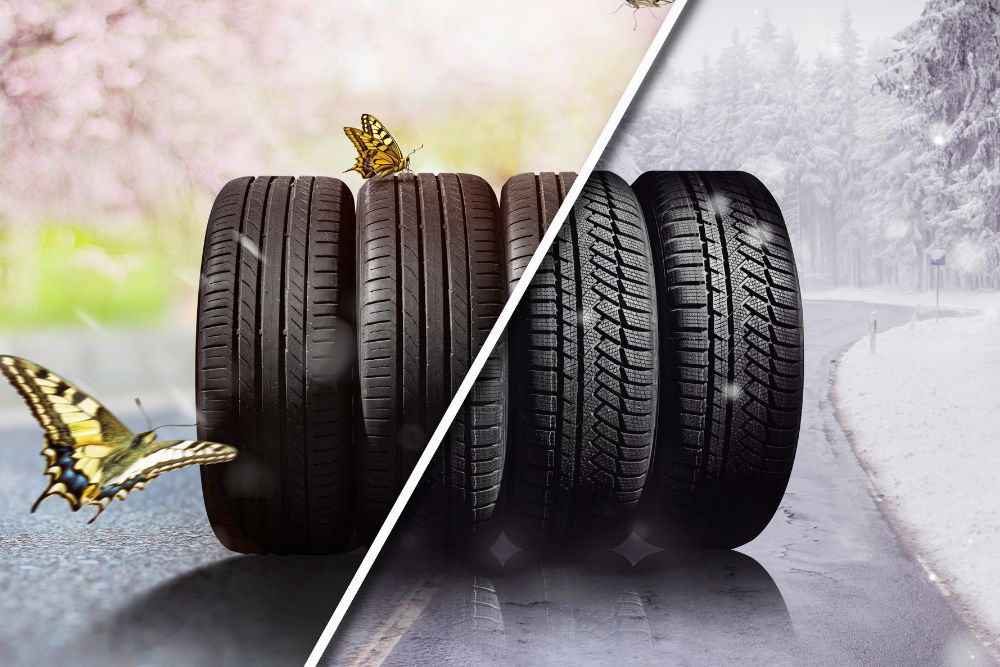 Tires representing seasonal performance, with butterflies on summer tires and snowy road context for winter tires, highlighting expert tire services for vehicle safety and performance.