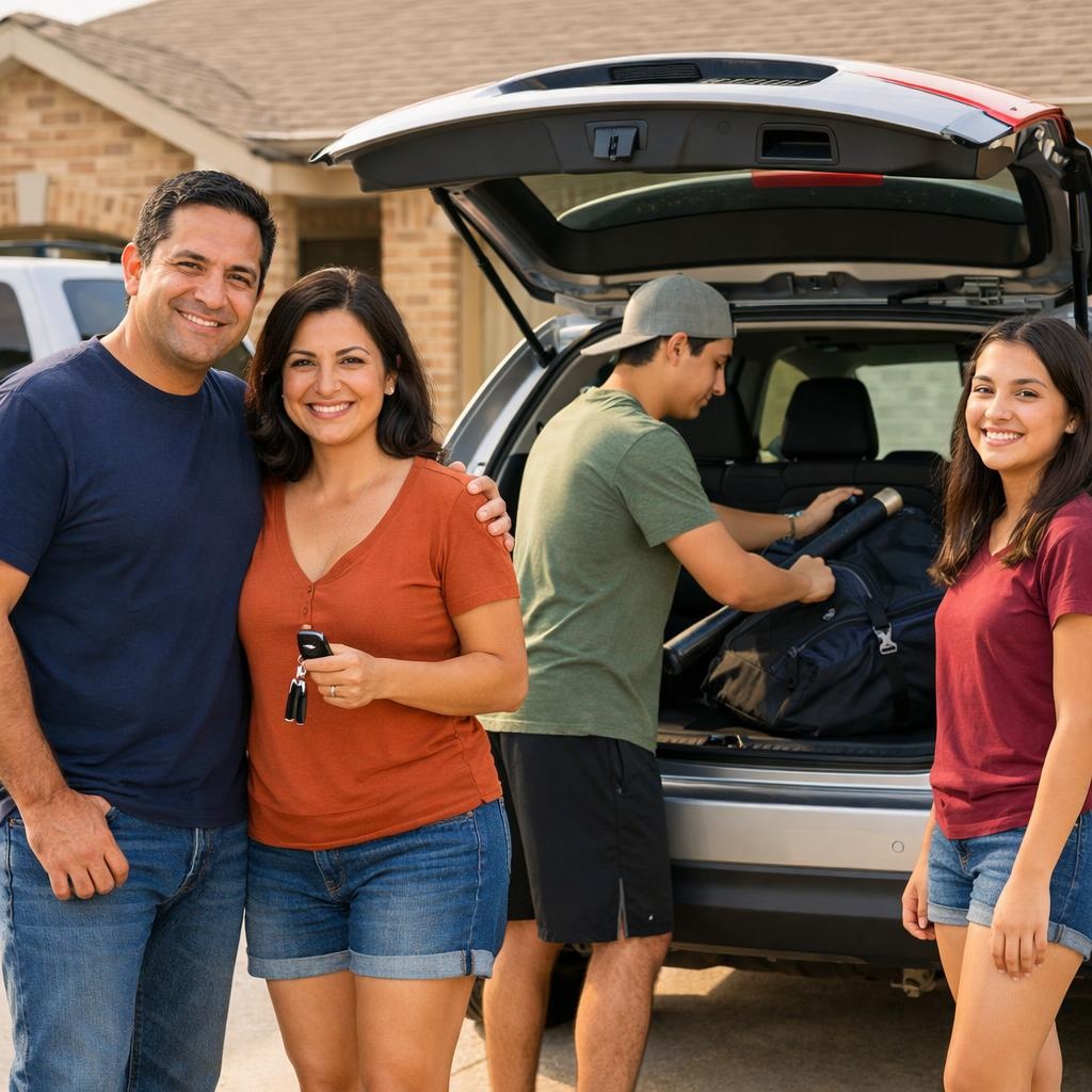 Hispanic family of four smiling in front of their SUV, showcasing unity and readiness for travel, reflecting the benefits of household vehicle coverage from Danny's Automotive's Garage Pass membership.
