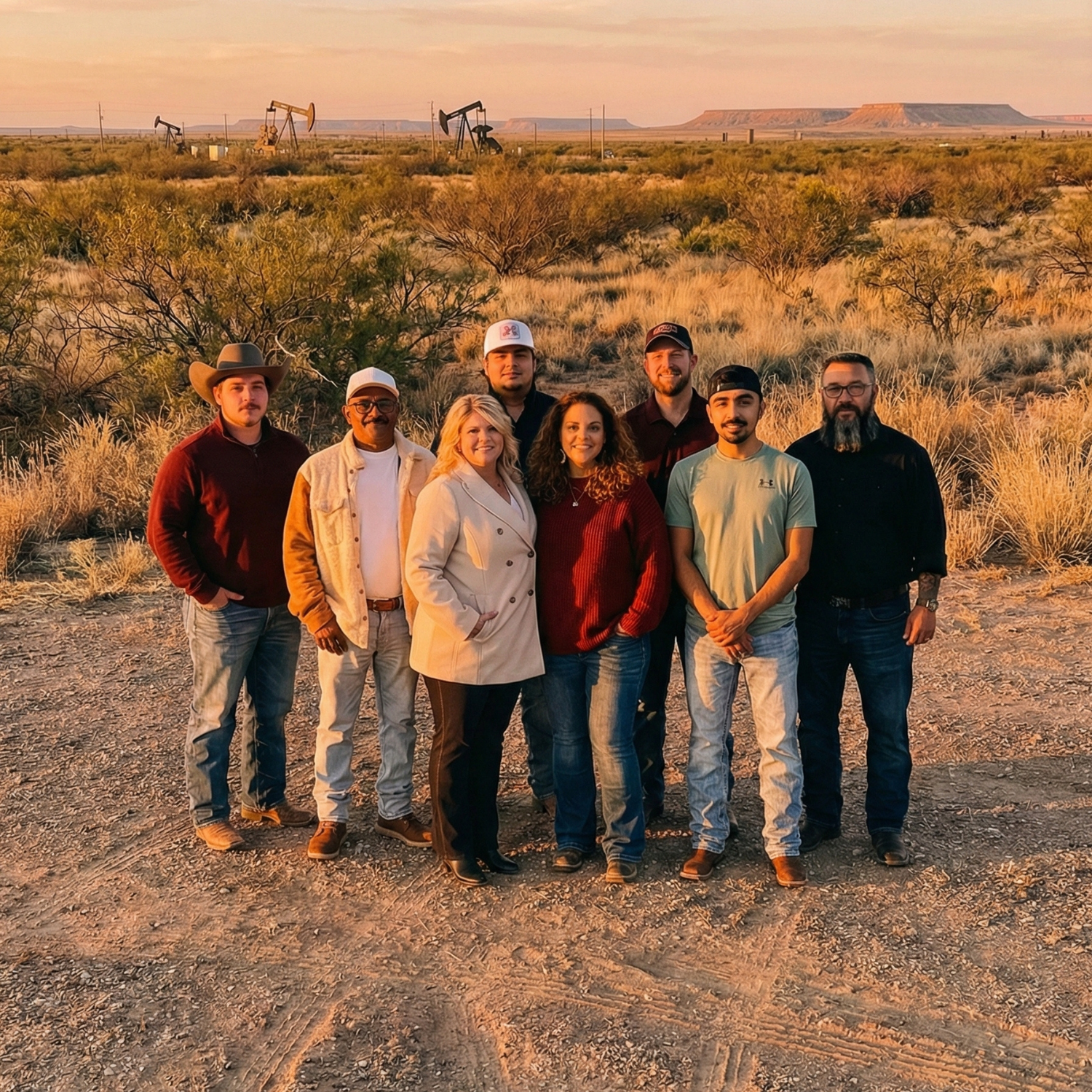 Group of automotive service team members standing outdoors in West Texas, showcasing family-owned values and community connection, with oil pumps visible in the background.