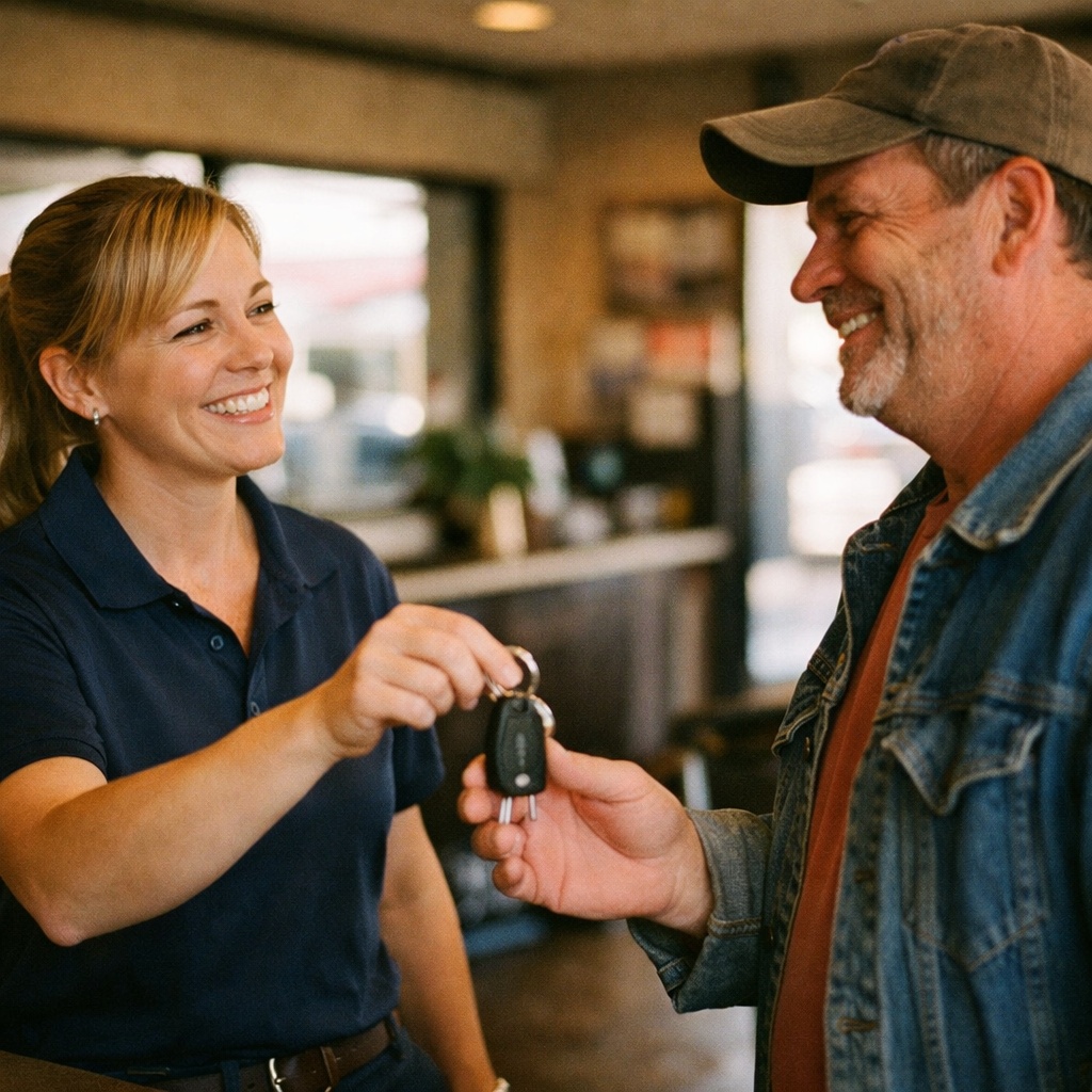 Smiling woman handing car keys to a man in a denim jacket, inside a welcoming automotive service environment, symbolizing customer satisfaction and personalized service at Danny's Automotive.
