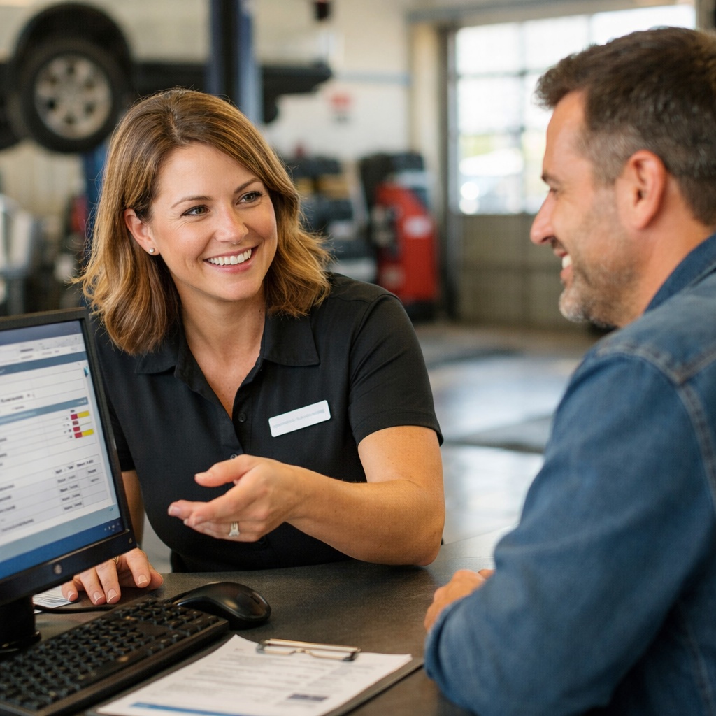Friendly automotive service representative engaging with a customer at Danny's Automotive, discussing Garage Pass membership benefits, with a computer screen displaying service details in a workshop setting.
