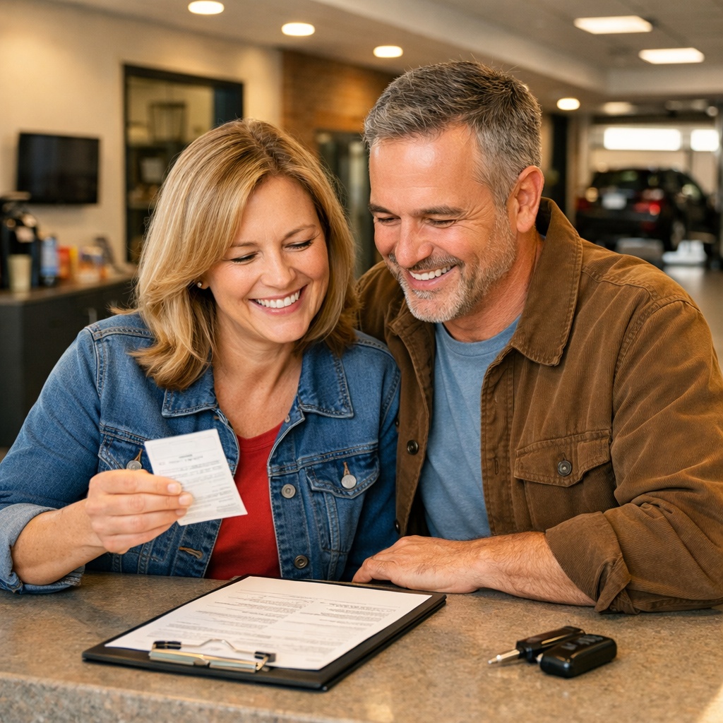 Smiling couple reviewing automotive service invoice at Danny's Automotive, highlighting benefits of Garage Pass membership.