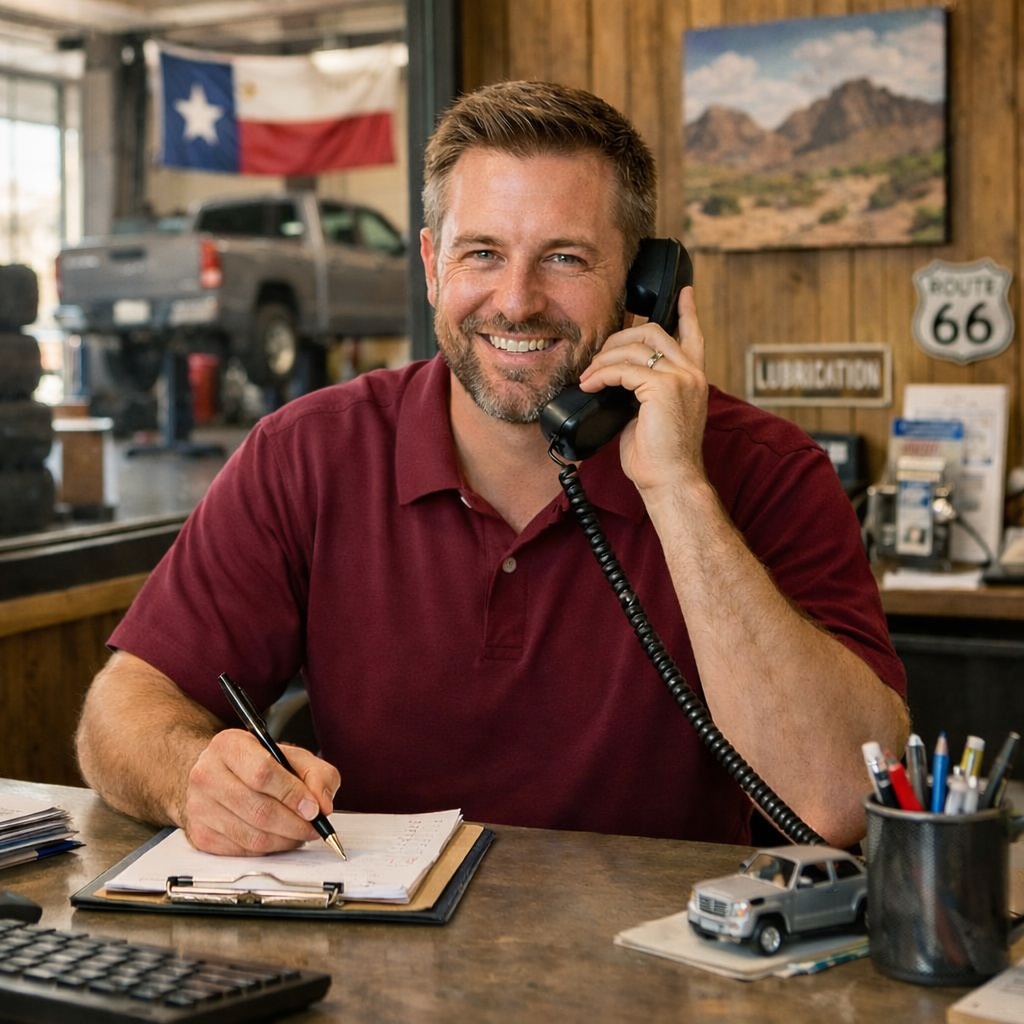 Smiling man in a maroon shirt on the phone at an automotive service desk, taking notes, with a miniature truck model and Texas flag in the background, representing customer service for Danny's Automotive's Garage Pass membership.